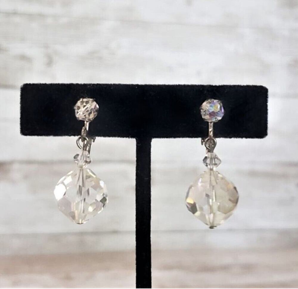 Vintage Clip On Earrings Faceted Clear and Iridescent Gems - 1.25"